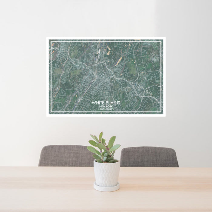 24x36 White Plains New York Map Print Lanscape Orientation in Afternoon Style Behind 2 Chairs Table and Potted Plant