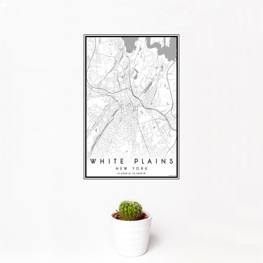 12x18 White Plains New York Map Print Portrait Orientation in Classic Style With Small Cactus Plant in White Planter