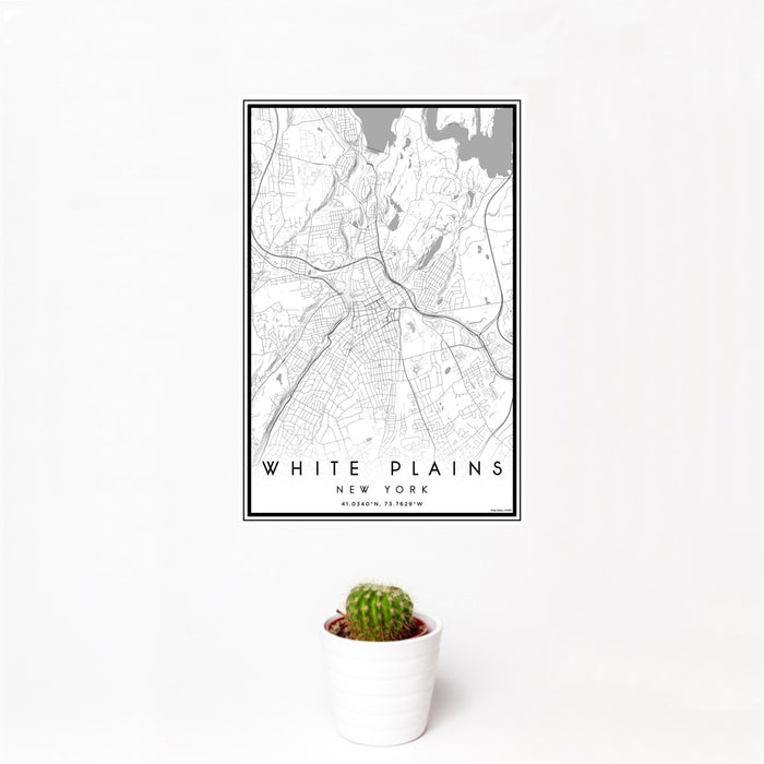 12x18 White Plains New York Map Print Portrait Orientation in Classic Style With Small Cactus Plant in White Planter