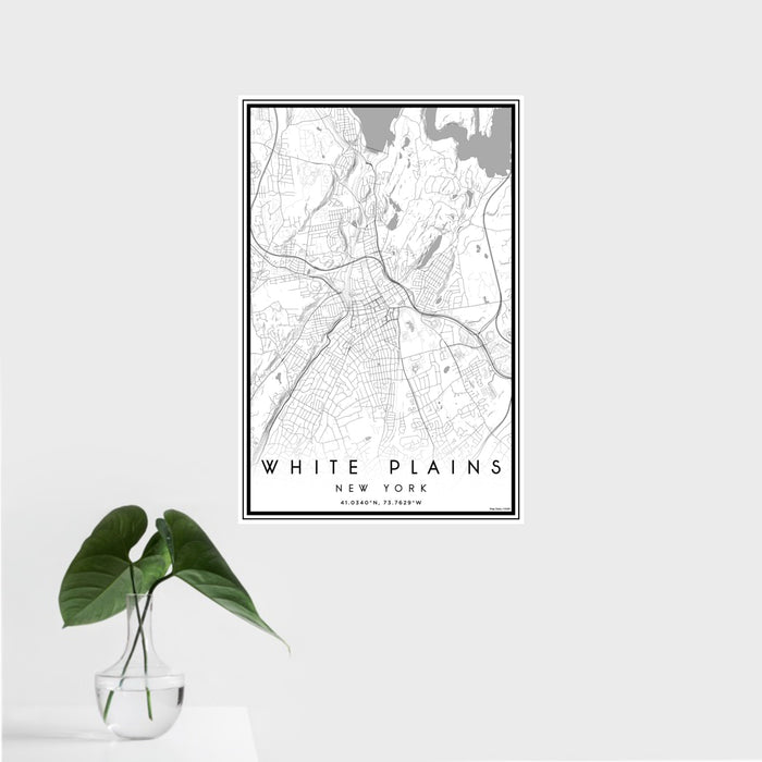 16x24 White Plains New York Map Print Portrait Orientation in Classic Style With Tropical Plant Leaves in Water