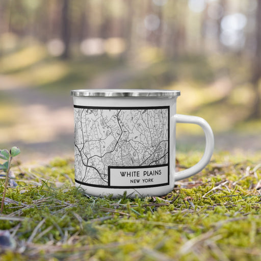 Right View Custom White Plains New York Map Enamel Mug in Classic on Grass With Trees in Background