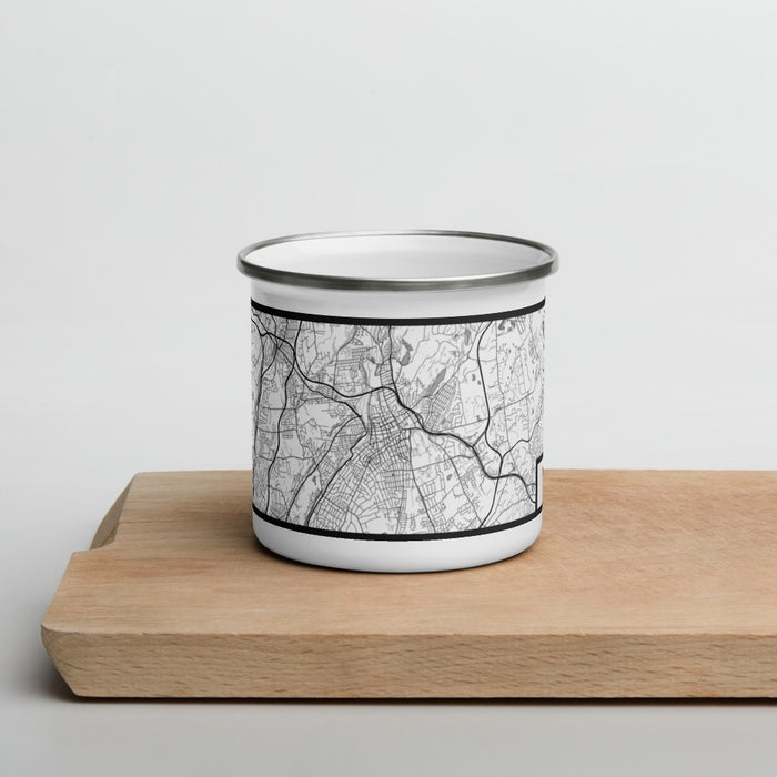Front View Custom White Plains New York Map Enamel Mug in Classic on Cutting Board