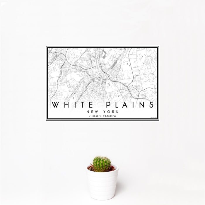 12x18 White Plains New York Map Print Landscape Orientation in Classic Style With Small Cactus Plant in White Planter
