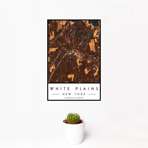 12x18 White Plains New York Map Print Portrait Orientation in Ember Style With Small Cactus Plant in White Planter