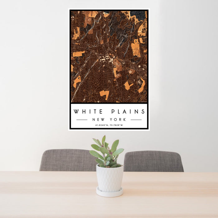 24x36 White Plains New York Map Print Portrait Orientation in Ember Style Behind 2 Chairs Table and Potted Plant