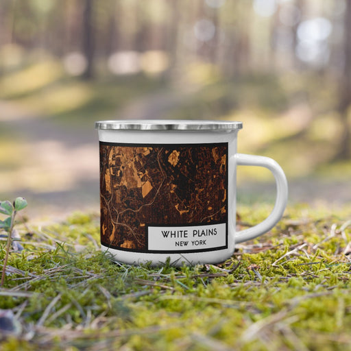 Right View Custom White Plains New York Map Enamel Mug in Ember on Grass With Trees in Background