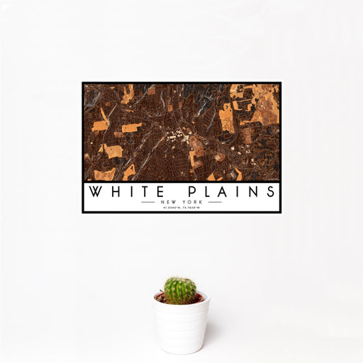 12x18 White Plains New York Map Print Landscape Orientation in Ember Style With Small Cactus Plant in White Planter