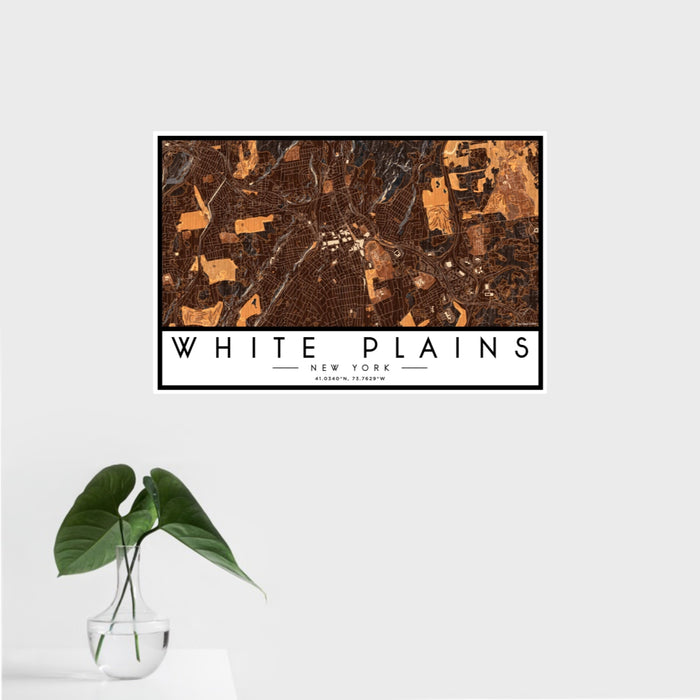16x24 White Plains New York Map Print Landscape Orientation in Ember Style With Tropical Plant Leaves in Water