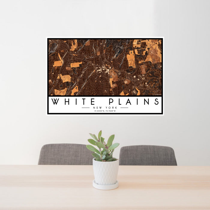 24x36 White Plains New York Map Print Landscape Orientation in Ember Style Behind 2 Chairs Table and Potted Plant