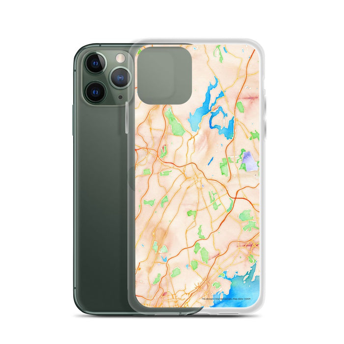 Custom White Plains New York Map Phone Case in Watercolor on Table with Laptop and Plant