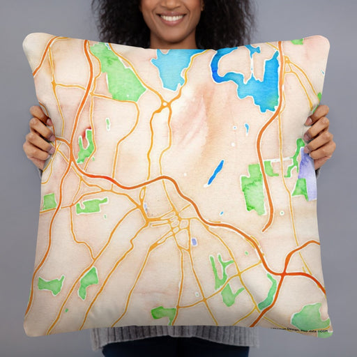 Person holding 22x22 Custom White Plains New York Map Throw Pillow in Watercolor