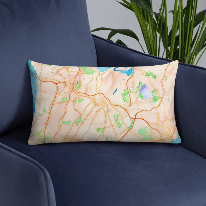 Custom White Plains New York Map Throw Pillow in Watercolor on Blue Colored Chair
