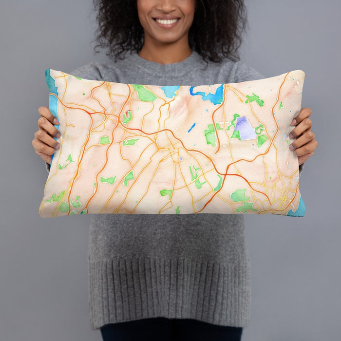 Person holding 20x12 Custom White Plains New York Map Throw Pillow in Watercolor