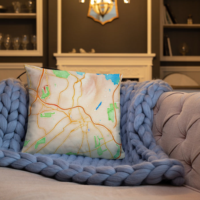 Custom White Plains New York Map Throw Pillow in Watercolor on Cream Colored Couch