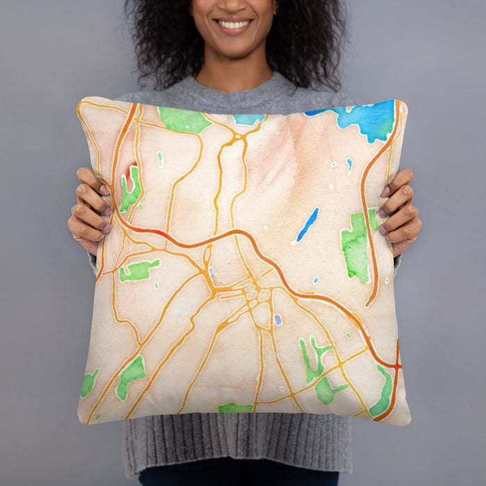 Person holding 18x18 Custom White Plains New York Map Throw Pillow in Watercolor