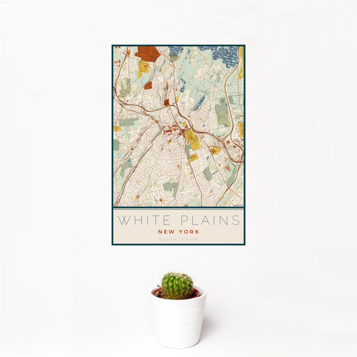 12x18 White Plains New York Map Print Portrait Orientation in Woodblock Style With Small Cactus Plant in White Planter