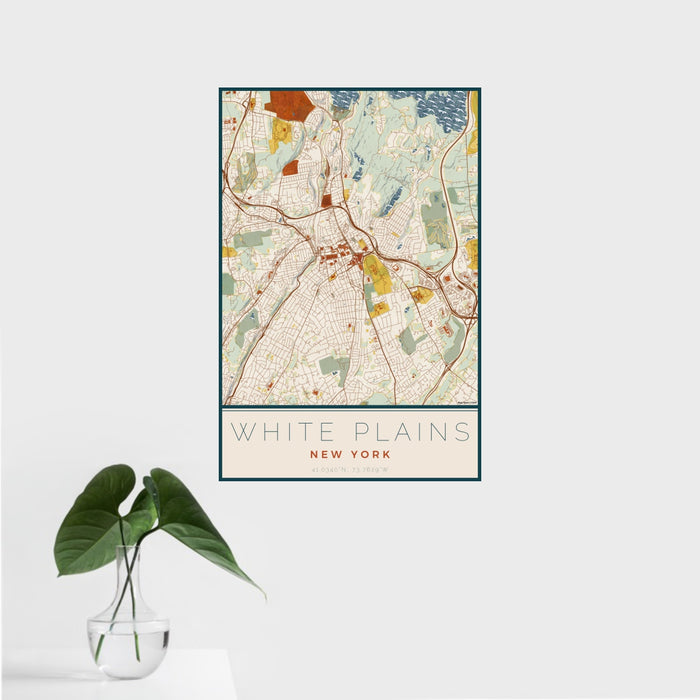 16x24 White Plains New York Map Print Portrait Orientation in Woodblock Style With Tropical Plant Leaves in Water