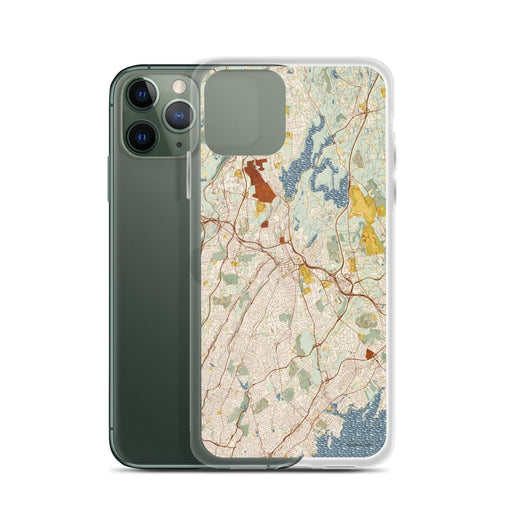 Custom White Plains New York Map Phone Case in Woodblock on Table with Laptop and Plant