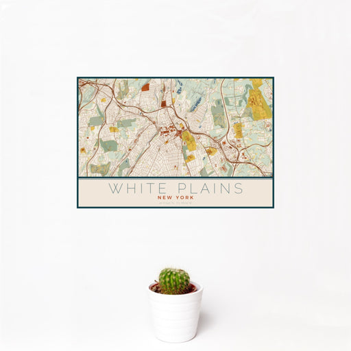 12x18 White Plains New York Map Print Landscape Orientation in Woodblock Style With Small Cactus Plant in White Planter