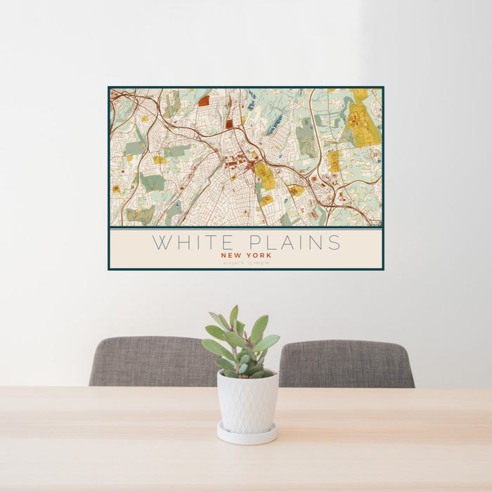 24x36 White Plains New York Map Print Landscape Orientation in Woodblock Style Behind 2 Chairs Table and Potted Plant