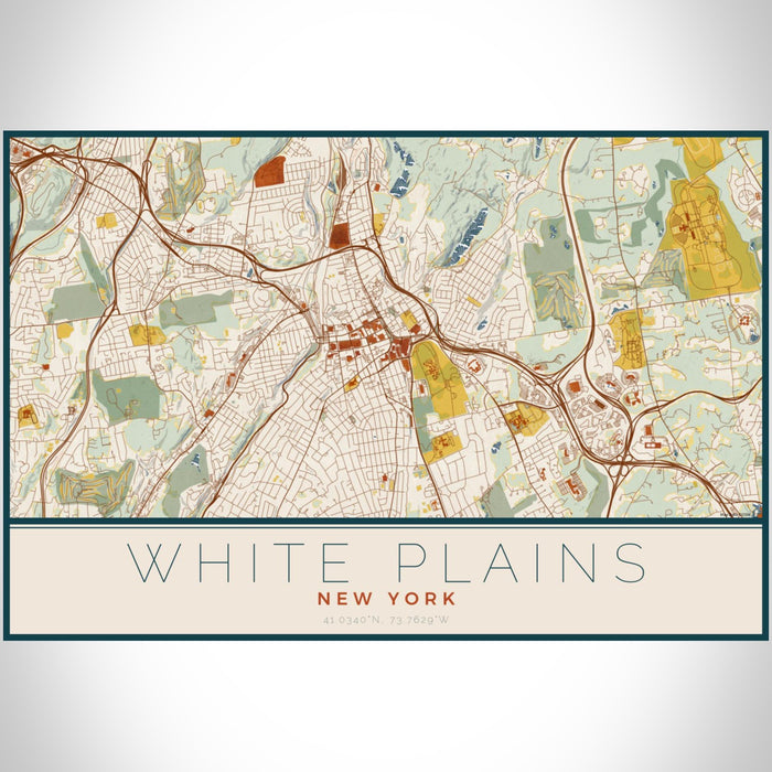 White Plains New York Map Print Landscape Orientation in Woodblock Style With Shaded Background