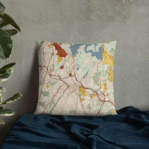 Custom White Plains New York Map Throw Pillow in Woodblock on Bedding Against Wall