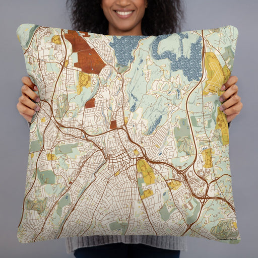 Person holding 22x22 Custom White Plains New York Map Throw Pillow in Woodblock