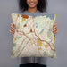Person holding 18x18 Custom White Plains New York Map Throw Pillow in Woodblock