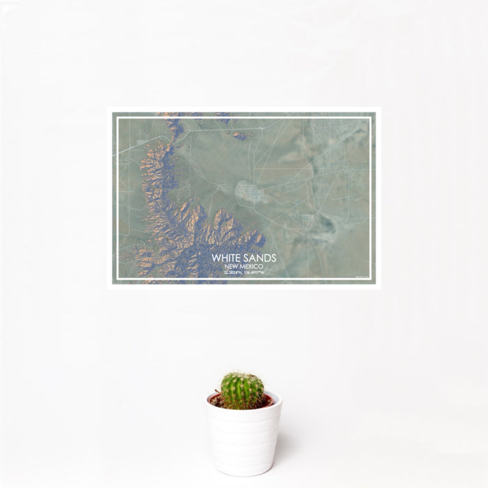 12x18 White Sands New Mexico Map Print Landscape Orientation in Afternoon Style With Small Cactus Plant in White Planter