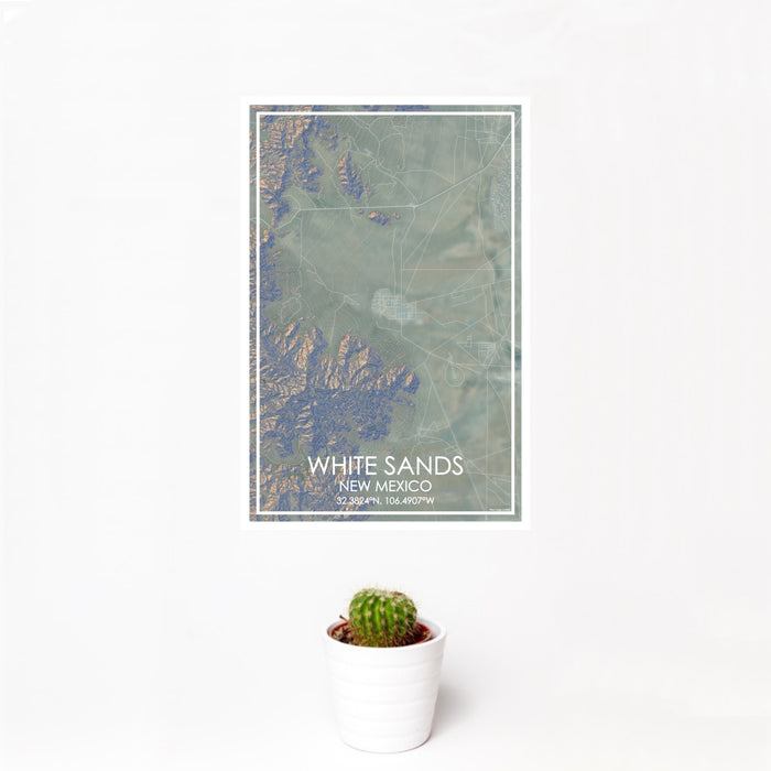 12x18 White Sands New Mexico Map Print Portrait Orientation in Afternoon Style With Small Cactus Plant in White Planter