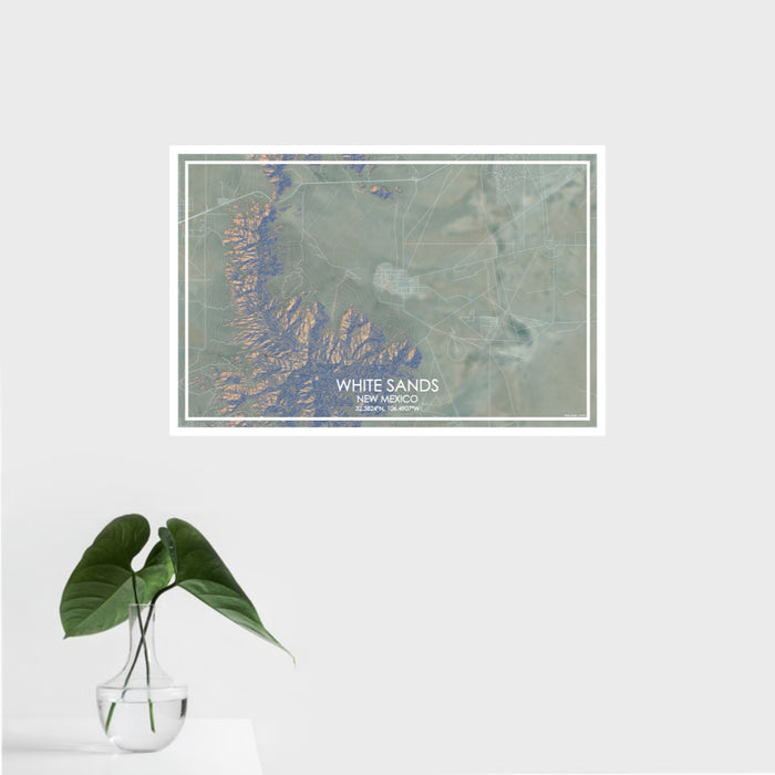 16x24 White Sands New Mexico Map Print Landscape Orientation in Afternoon Style With Tropical Plant Leaves in Water