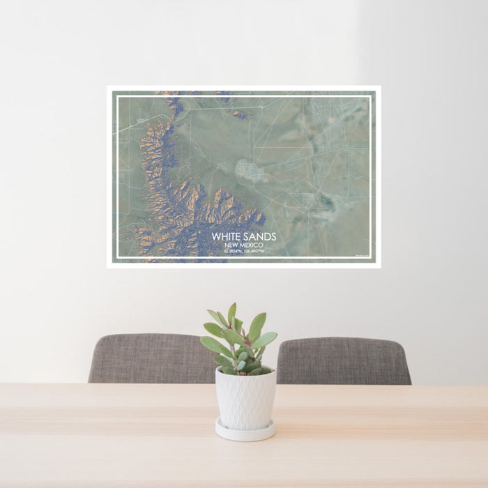 24x36 White Sands New Mexico Map Print Lanscape Orientation in Afternoon Style Behind 2 Chairs Table and Potted Plant