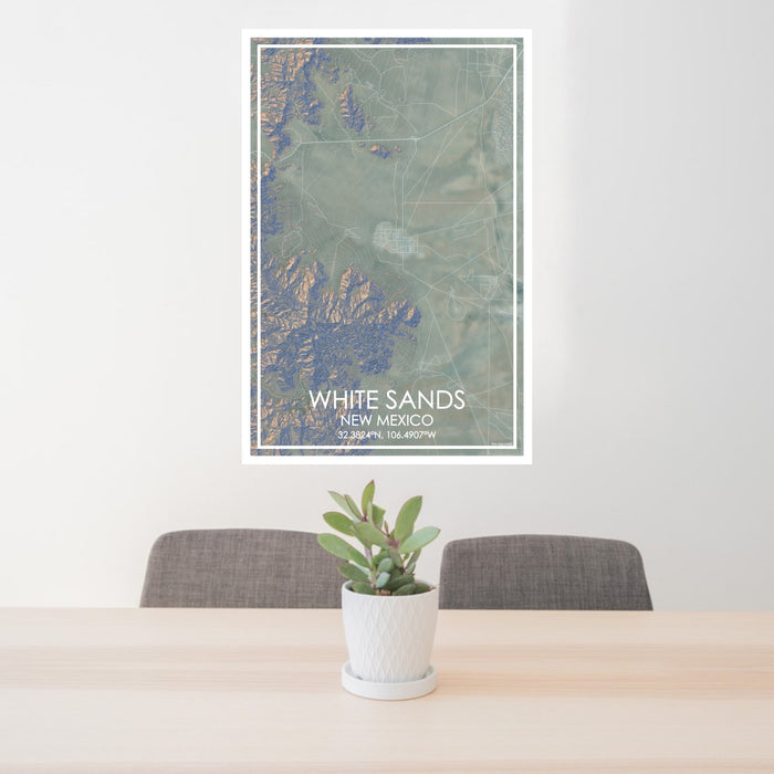 24x36 White Sands New Mexico Map Print Portrait Orientation in Afternoon Style Behind 2 Chairs Table and Potted Plant