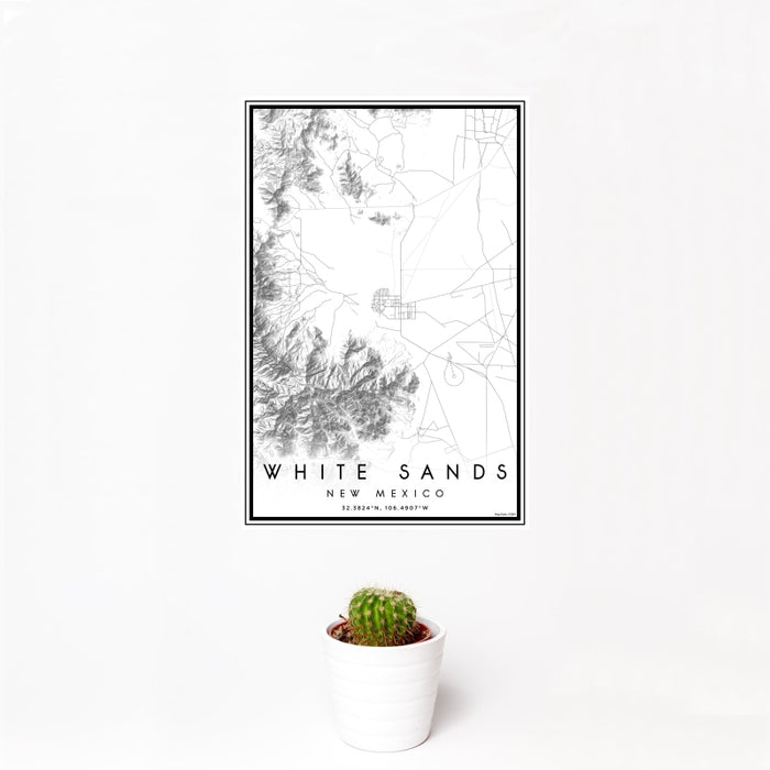 12x18 White Sands New Mexico Map Print Portrait Orientation in Classic Style With Small Cactus Plant in White Planter