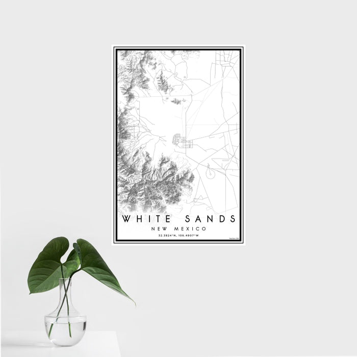 16x24 White Sands New Mexico Map Print Portrait Orientation in Classic Style With Tropical Plant Leaves in Water