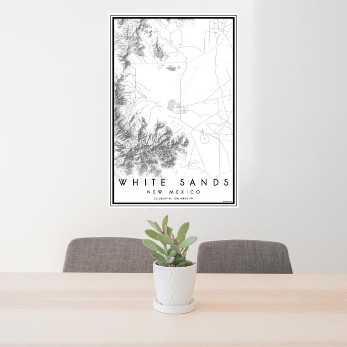 24x36 White Sands New Mexico Map Print Portrait Orientation in Classic Style Behind 2 Chairs Table and Potted Plant