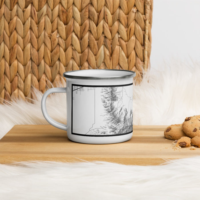 Left View Custom White Sands New Mexico Map Enamel Mug in Classic on Table Top