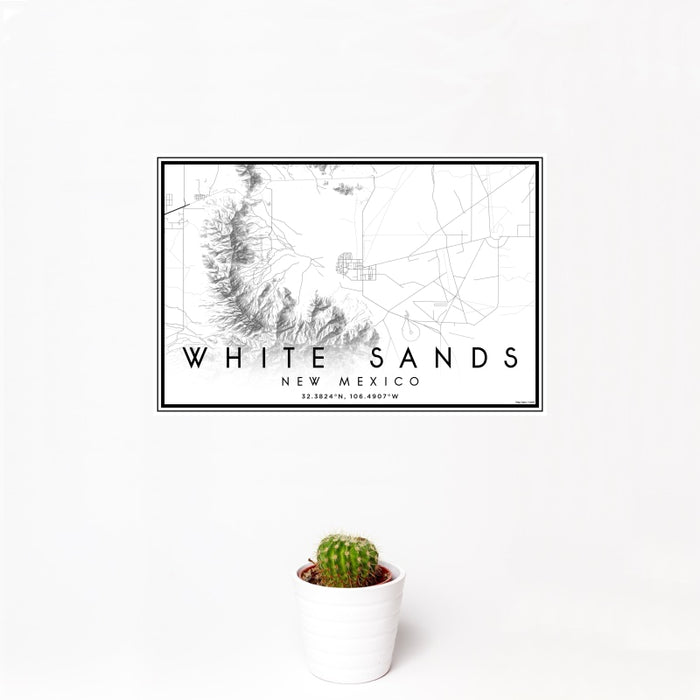 12x18 White Sands New Mexico Map Print Landscape Orientation in Classic Style With Small Cactus Plant in White Planter