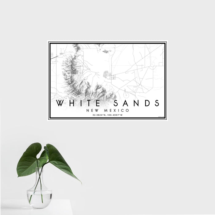 16x24 White Sands New Mexico Map Print Landscape Orientation in Classic Style With Tropical Plant Leaves in Water