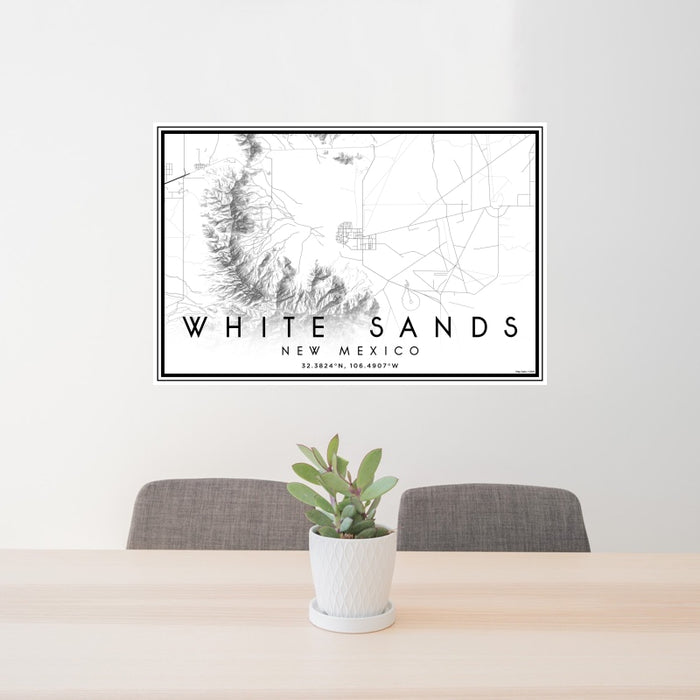 24x36 White Sands New Mexico Map Print Landscape Orientation in Classic Style Behind 2 Chairs Table and Potted Plant