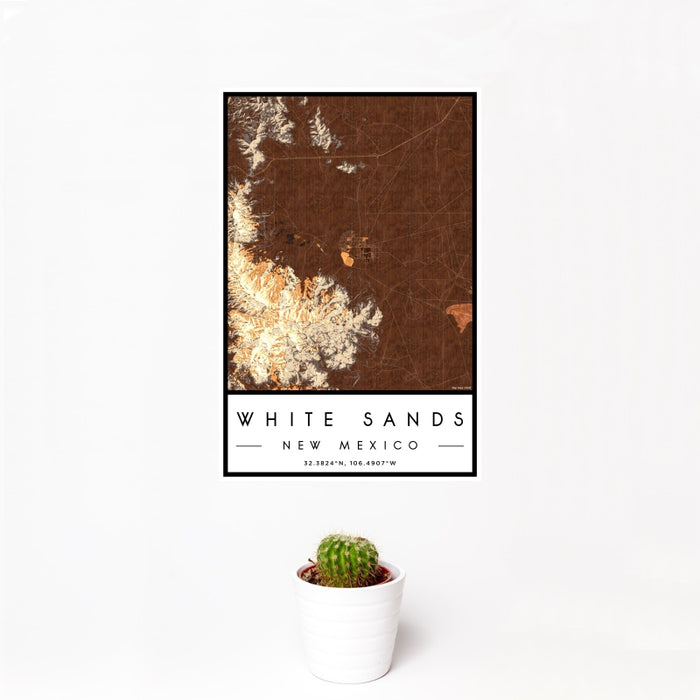 12x18 White Sands New Mexico Map Print Portrait Orientation in Ember Style With Small Cactus Plant in White Planter