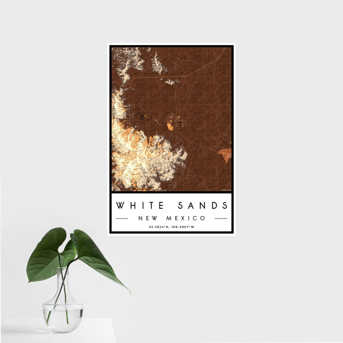 16x24 White Sands New Mexico Map Print Portrait Orientation in Ember Style With Tropical Plant Leaves in Water