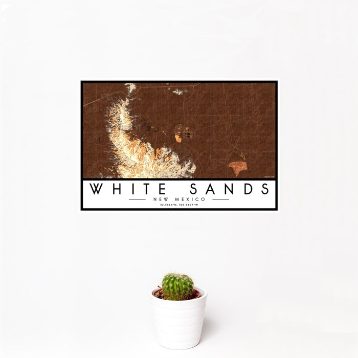 12x18 White Sands New Mexico Map Print Landscape Orientation in Ember Style With Small Cactus Plant in White Planter