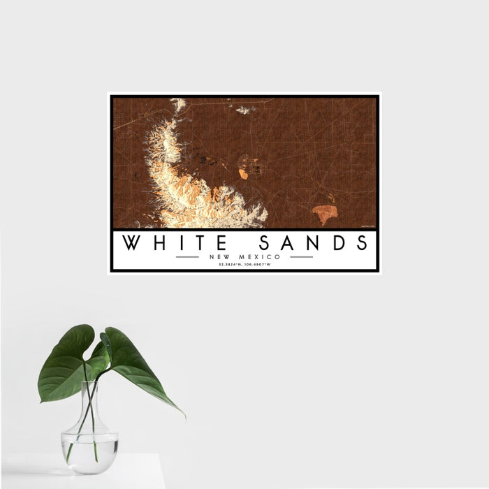 16x24 White Sands New Mexico Map Print Landscape Orientation in Ember Style With Tropical Plant Leaves in Water