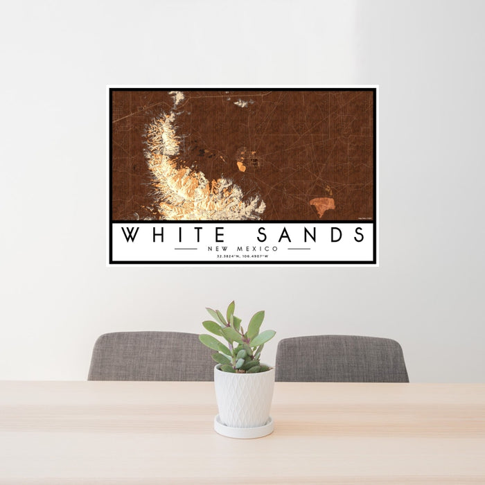 24x36 White Sands New Mexico Map Print Landscape Orientation in Ember Style Behind 2 Chairs Table and Potted Plant