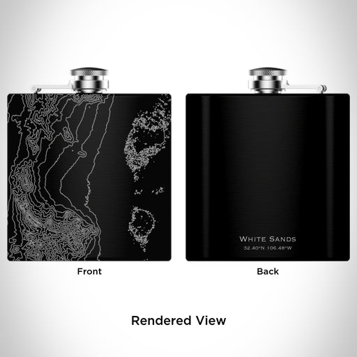 Rendered View of White Sands New Mexico Map Engraving on 6oz Stainless Steel Flask in Black