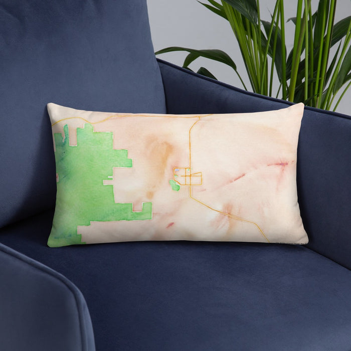 Custom White Sands New Mexico Map Throw Pillow in Watercolor on Blue Colored Chair