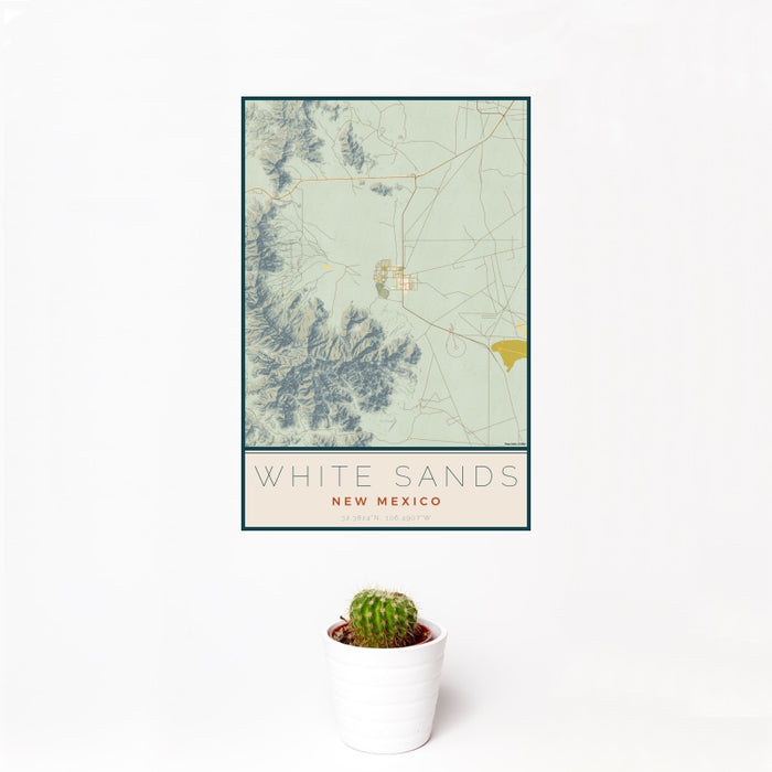 12x18 White Sands New Mexico Map Print Portrait Orientation in Woodblock Style With Small Cactus Plant in White Planter