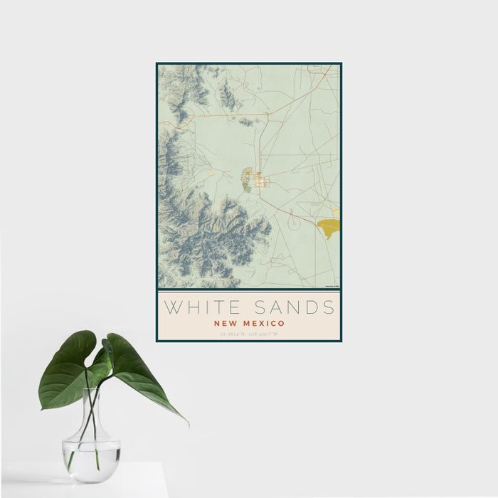 16x24 White Sands New Mexico Map Print Portrait Orientation in Woodblock Style With Tropical Plant Leaves in Water