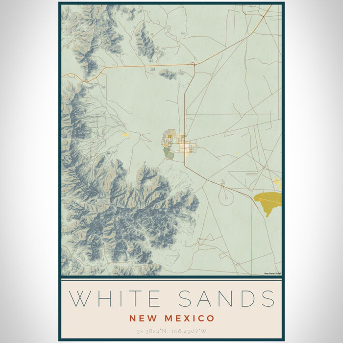 White Sands New Mexico Map Print Portrait Orientation in Woodblock Style With Shaded Background